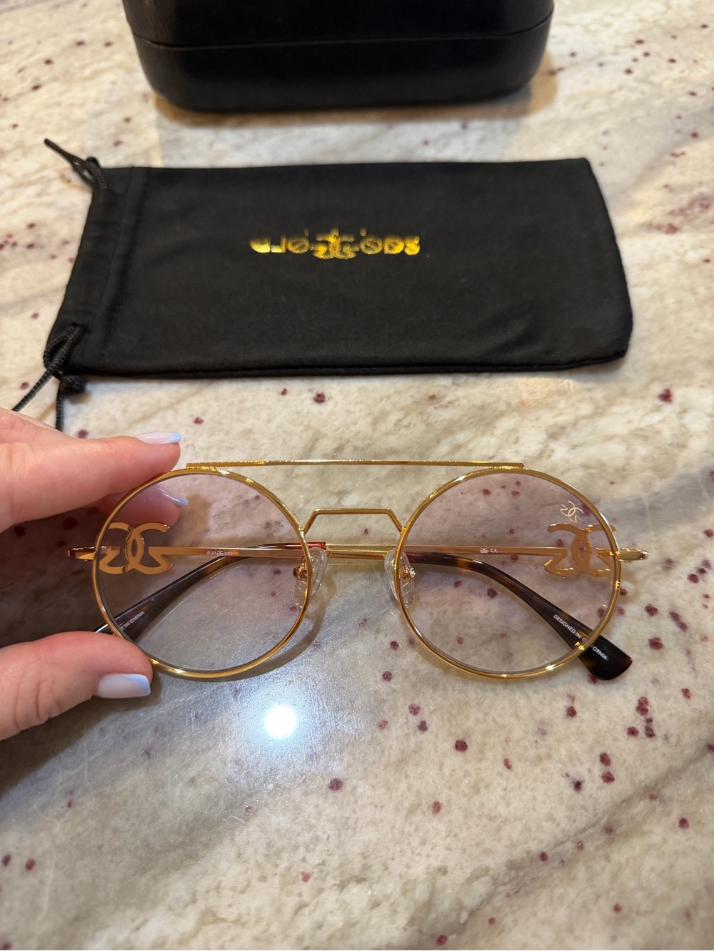 The Gold Gods Round Gold Sunglasses Oversized Logo Double Bridge